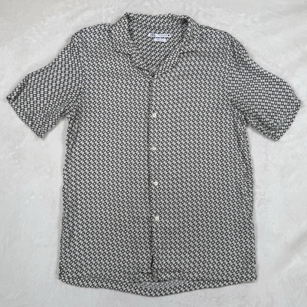 Zara Men's Medium Black White Geometric Print Viscose Short Sleeve Shirt
